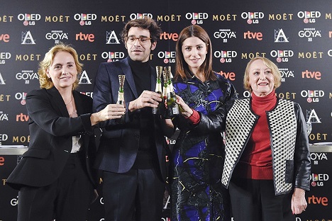 Premios Goya 32 ed Eva Sanz -notaria- Ivonne Blake, David Verdaguer y Bárbara Lennie -lectura nominados-